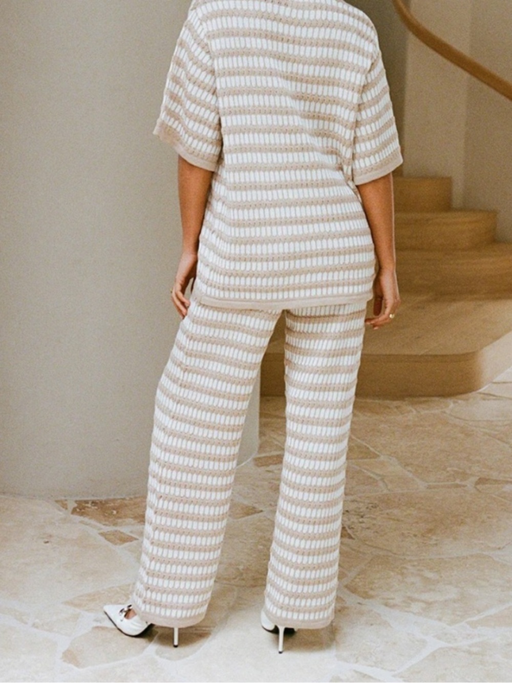 SABO Striped Knit Pants and Top Set in Cream & White - Picture 3 of 11